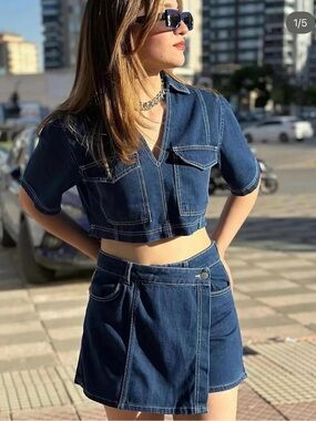 Dark Blue Denim Two-Piece Crop Top & Skirt Set